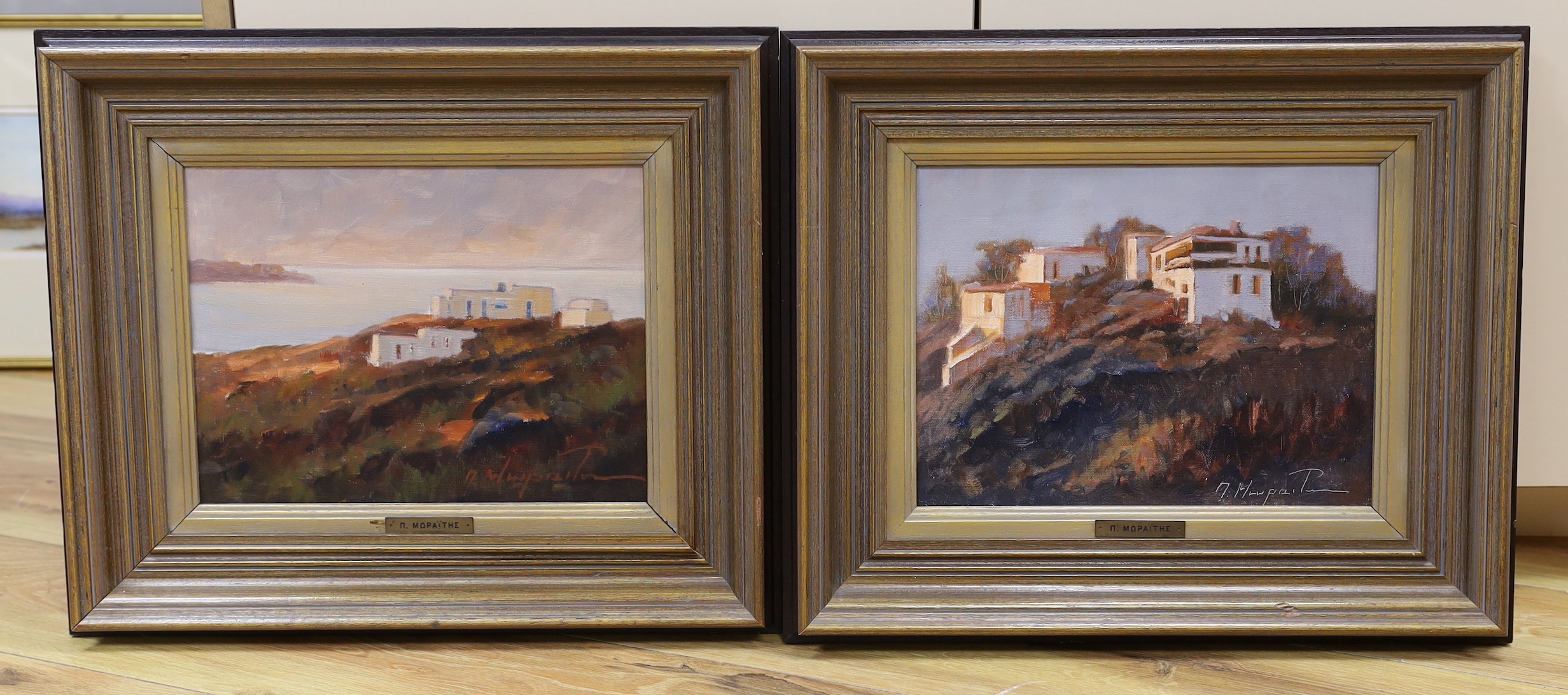 Takis Moraitis (Contemporary Greek), pair of oils on canvas, Mediterranean villas, signed, 23 x 31cm